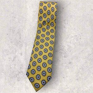 ALTEA Linen Silk Tie ITALY XL Yellow Blue Geometric W:3.1" EUC